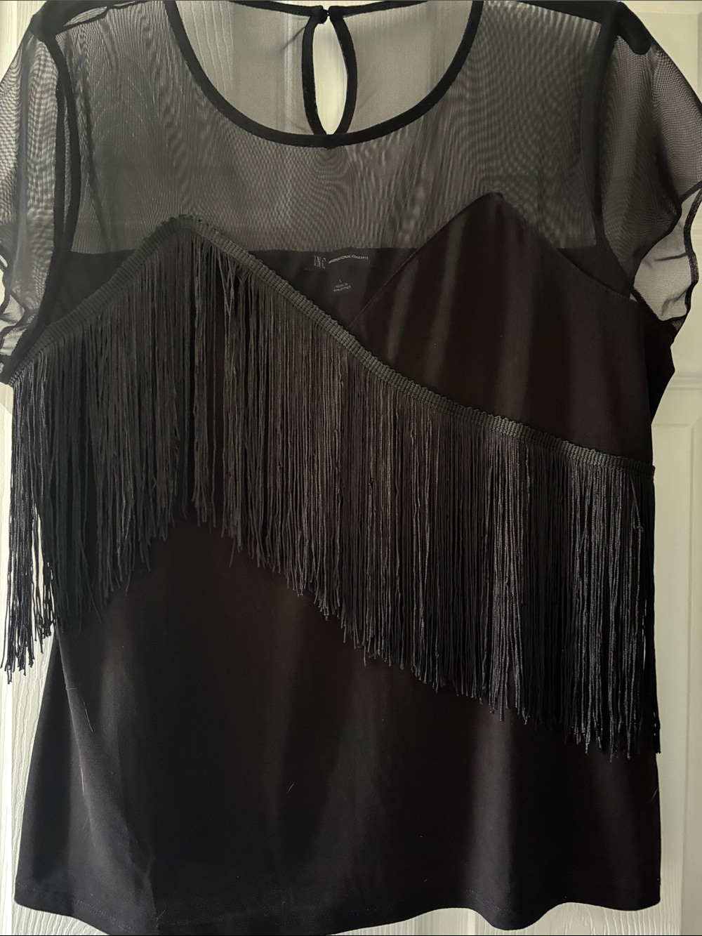 INC International Concepts Black Sheer Yoke Asymmetrical Fringe Top